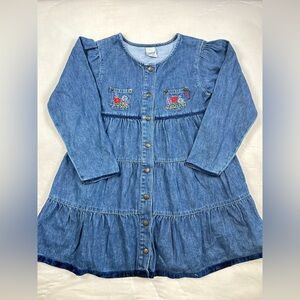 OshKosh Denim Tiered Dress Girl Long Sleeve Cotton Blue Embroidery